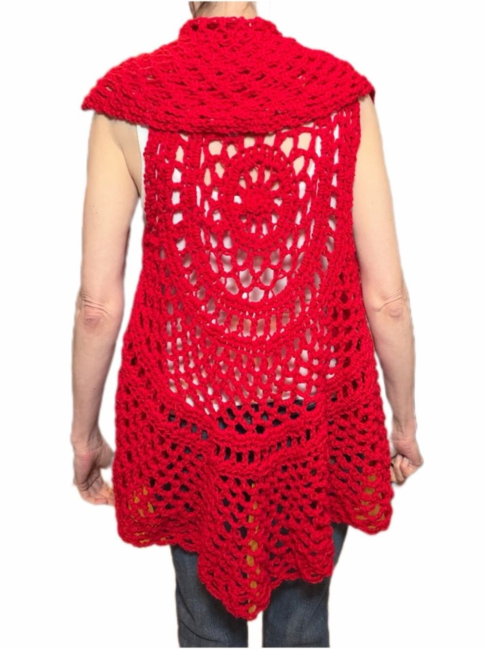 Chunky Open vest Red Women Sweater crochet handmade acrylic
